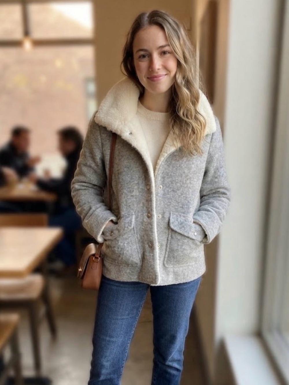 Forever 21 Gray Teddy Jacket with Cream Sherpa Collar and Front Pockets